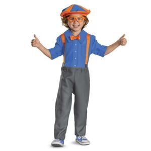 Blippi Costume Toddler with Jumpsuit Bowtie Suspenders Hat and Glasses 23-3T